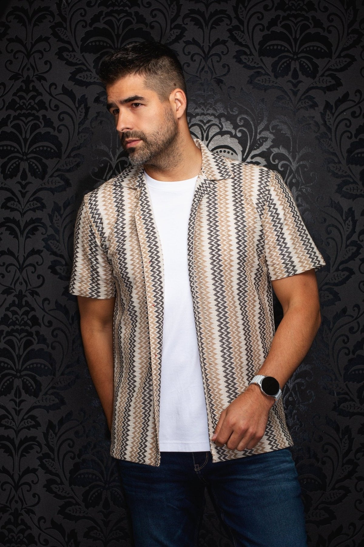 CHEMISE MANCHES COURTES COL OUVERT | RAJ - T, Beige Grey - AU NOIR