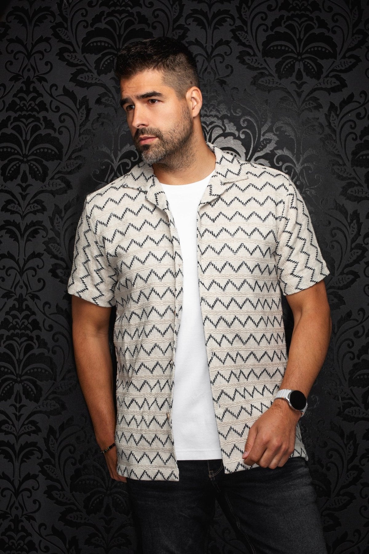 CHEMISE MANCHES COURTES COL OUVERT | RAJ - T, Stone Navy - AU NOIR